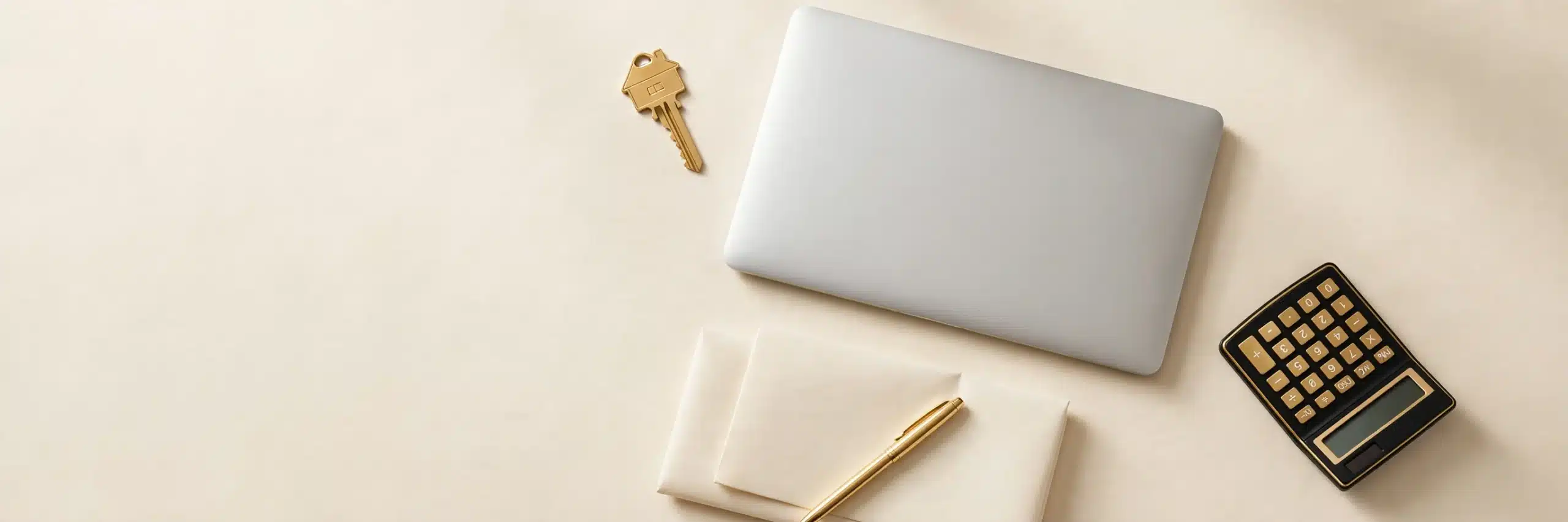 Agent tools flat-lay: gold house key, laptop, black and gold calculator, contract with gold pen